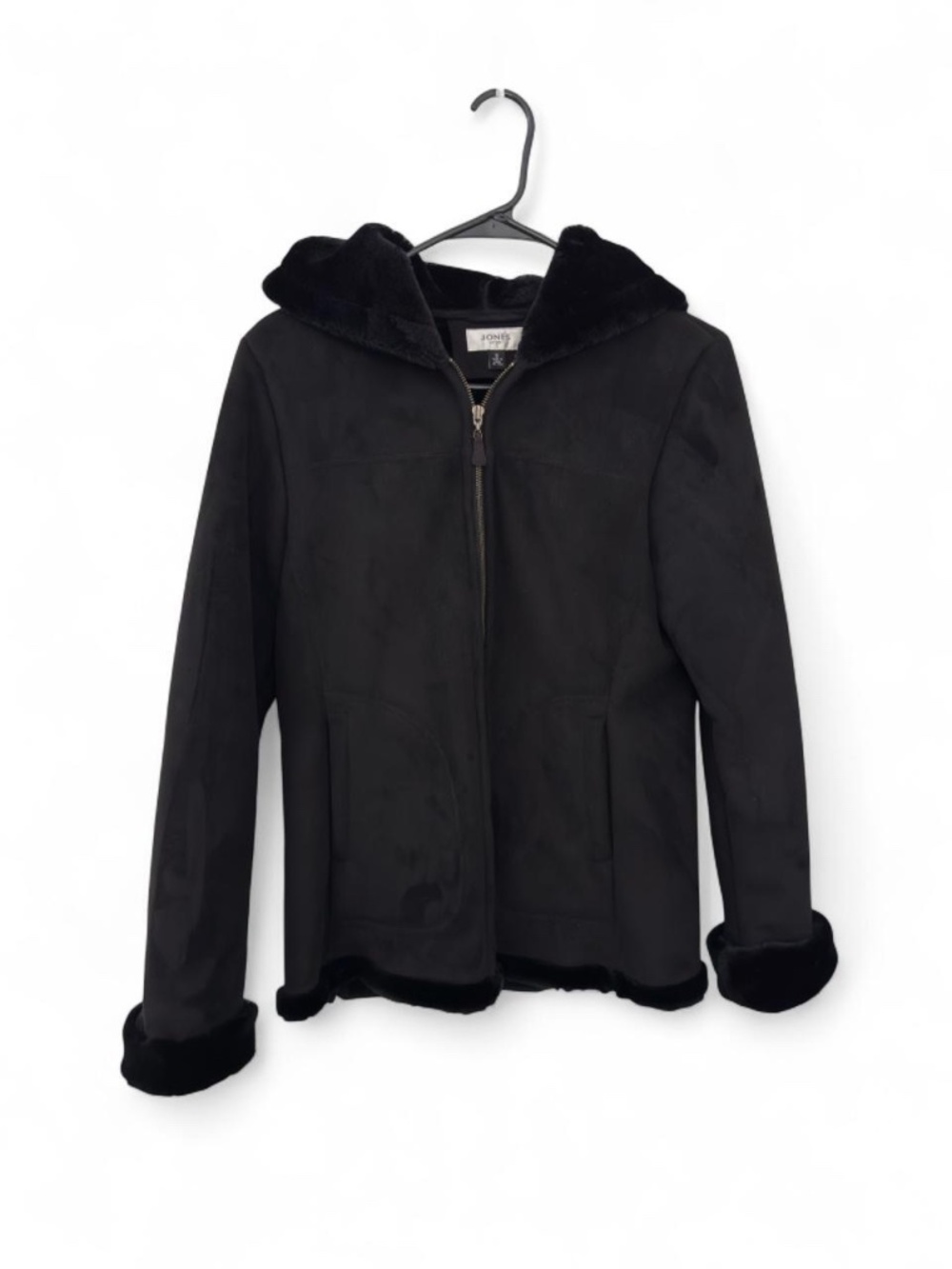 Jones faux suede jacket with faux fur lining and hood trim
